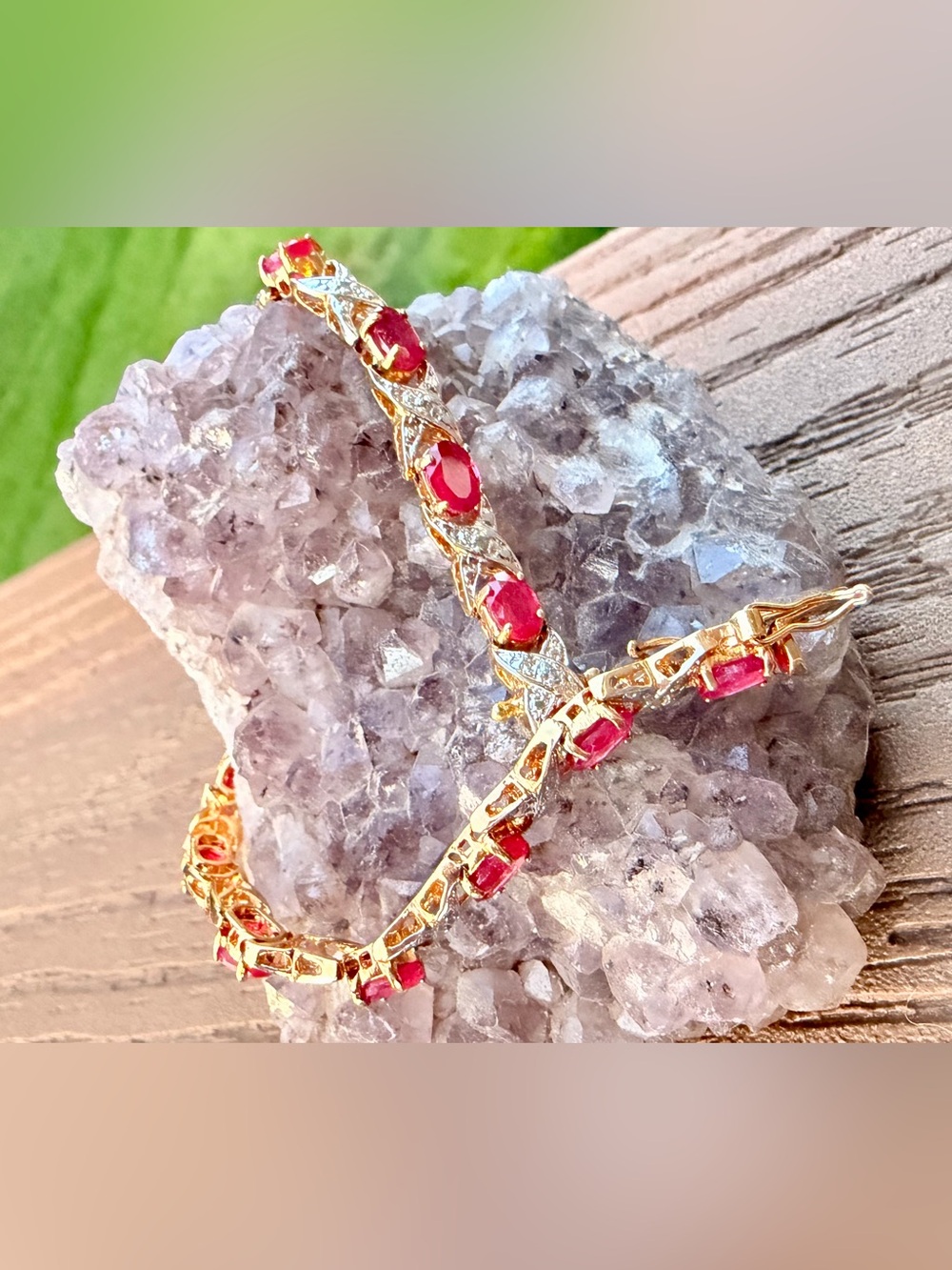 10.01 CTW Ruby Diamond 18K Gold Plated Bracelet 8.1”